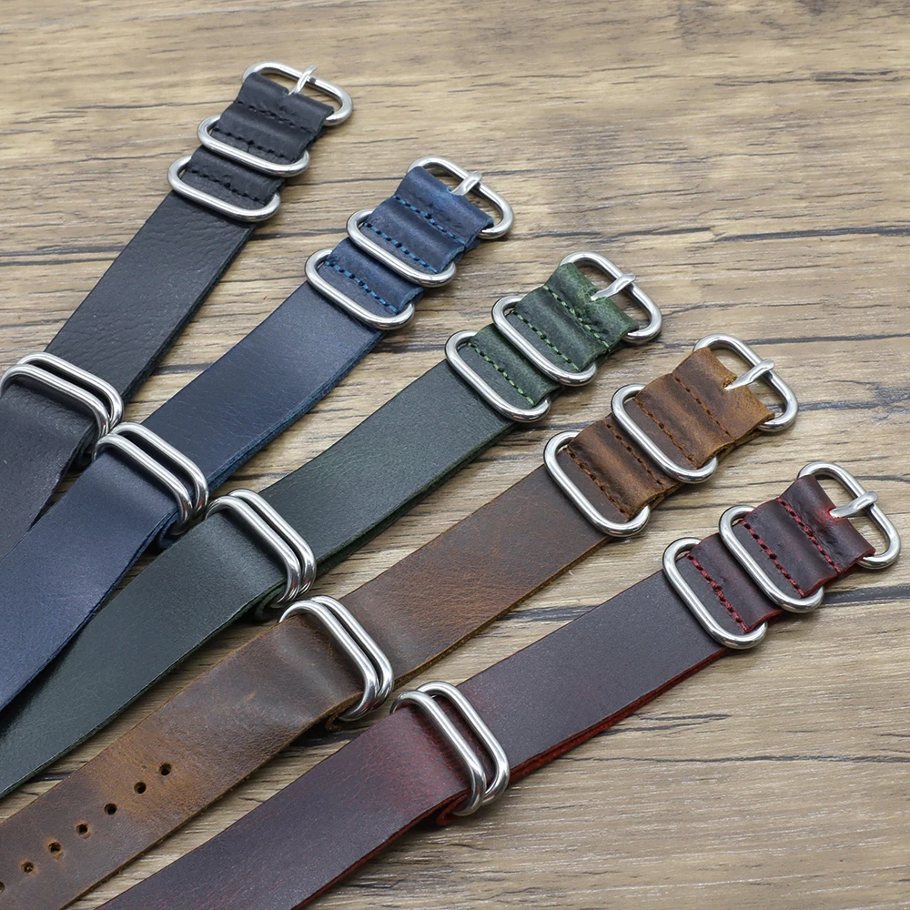 New Design High Quality Cow Leather Nato Strap 18mm 20mm 22mm 24mm Black Green Zulu Strap Handmade Comfortable Replace Watchband