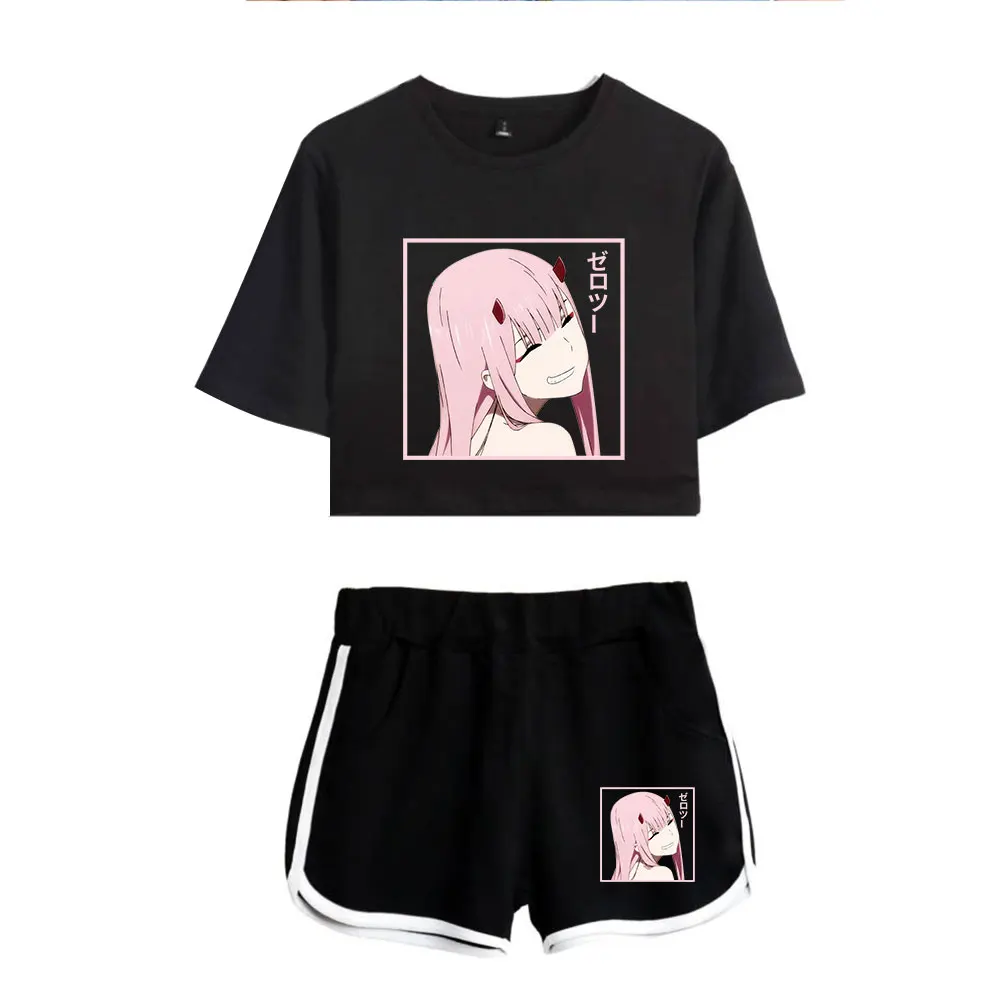 

2021 New DARLING in the FRANXX Exposed Navel T-shirt+shorts women's two-piece sets girl's Zero Two t shirt Anime two-piece Suit