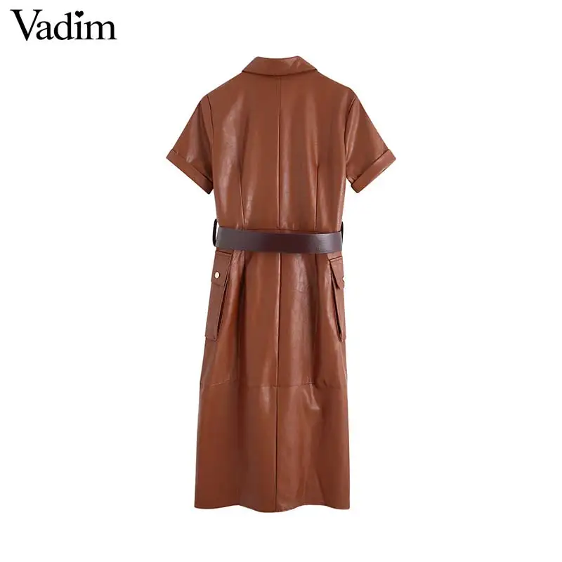 Vadim женское стильное платье миди из искусственной кожи с поясом и карманами