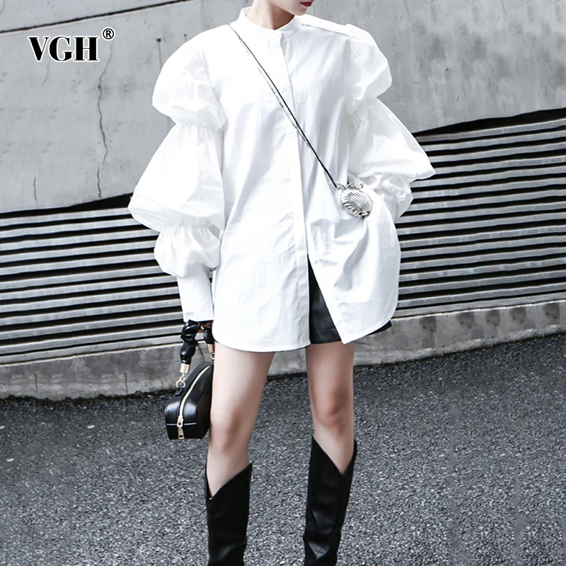 

VGH White Loose Casual Ruched Women's Shirt Lapel Puff Long Sleeve Korean Temperament Fashion Woman Blouses 2021 Autumn Clothing