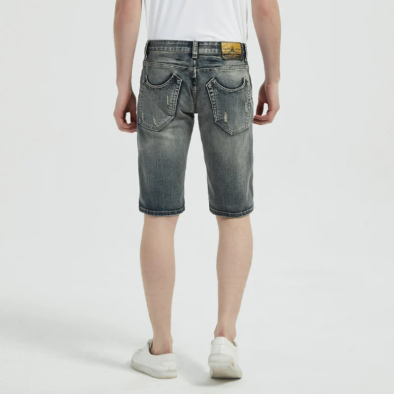 European American Summer Fashion Men Jeans Retro Gray Blue Distressed Wash Ripped Short Jeans Men Vintage Designer Denim Shorts