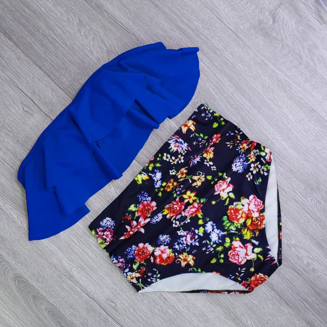 Бикини с высокой талией, купальник с двойными оборками, женский купальник, комплект бикини с пуш-ап, винтажный купальный костюм, пляжная одежда, бикини для женщин - Цвет: HXS059BB