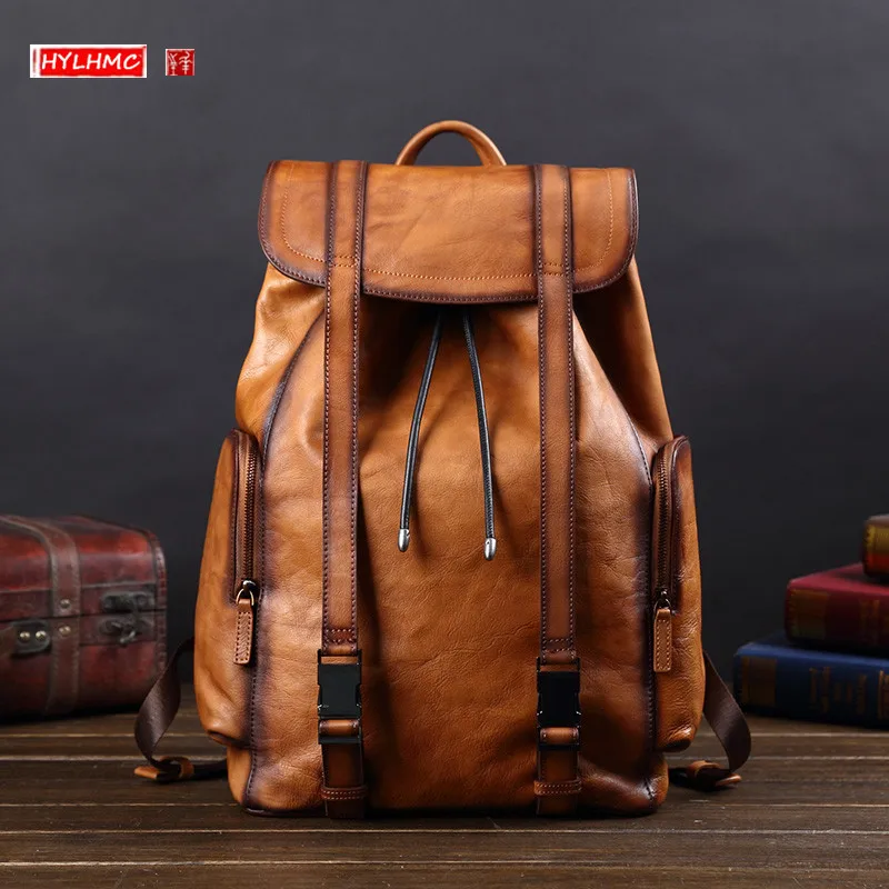 

HANSOMFY Full Cowhide Leather Men Backpack Large Capacity Laptop bag male genuine leather Travel Backpacks Fashion Computer Scho