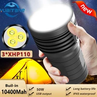10400mah super bright flashlight xhp110 ultra powerful led searchlight flash light power bank built in 18650 rechargeable lamp