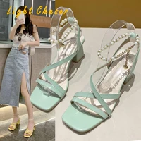 womens sandals female high heels zapatos de mujer 2021 peep toe summer ladies shoes pu buckle square head heel out breathable