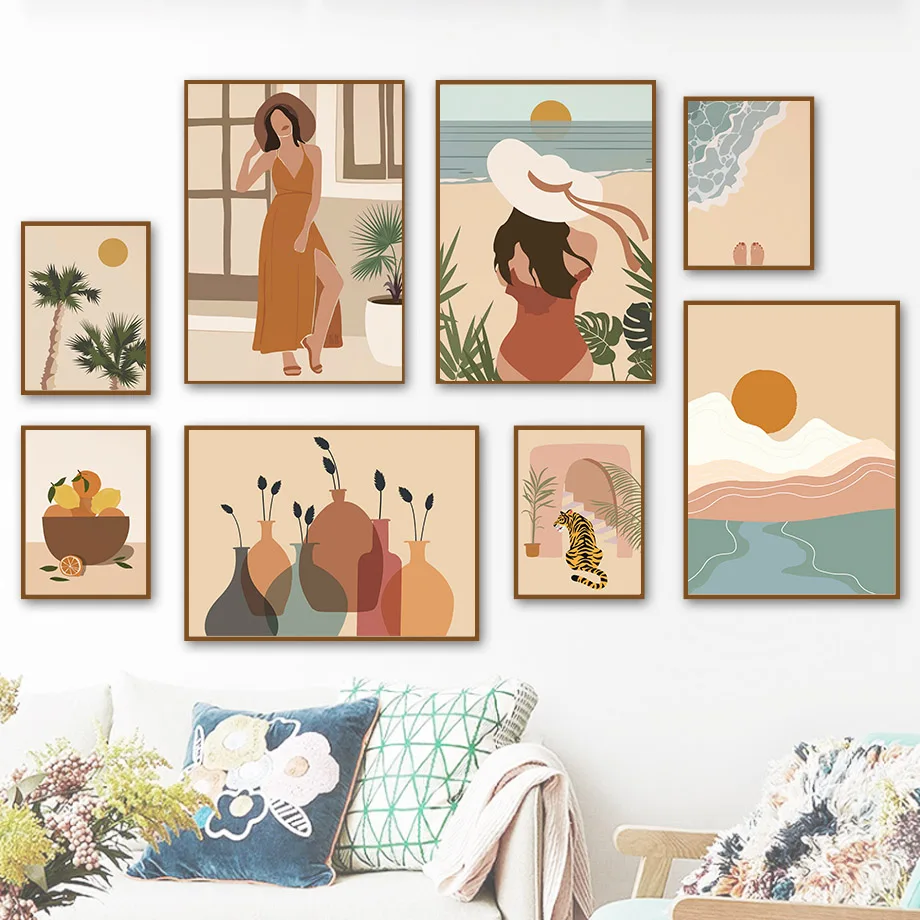 Девочка солнце Тигр море дерево фрукты ваза абстрактный скандинавский постер и