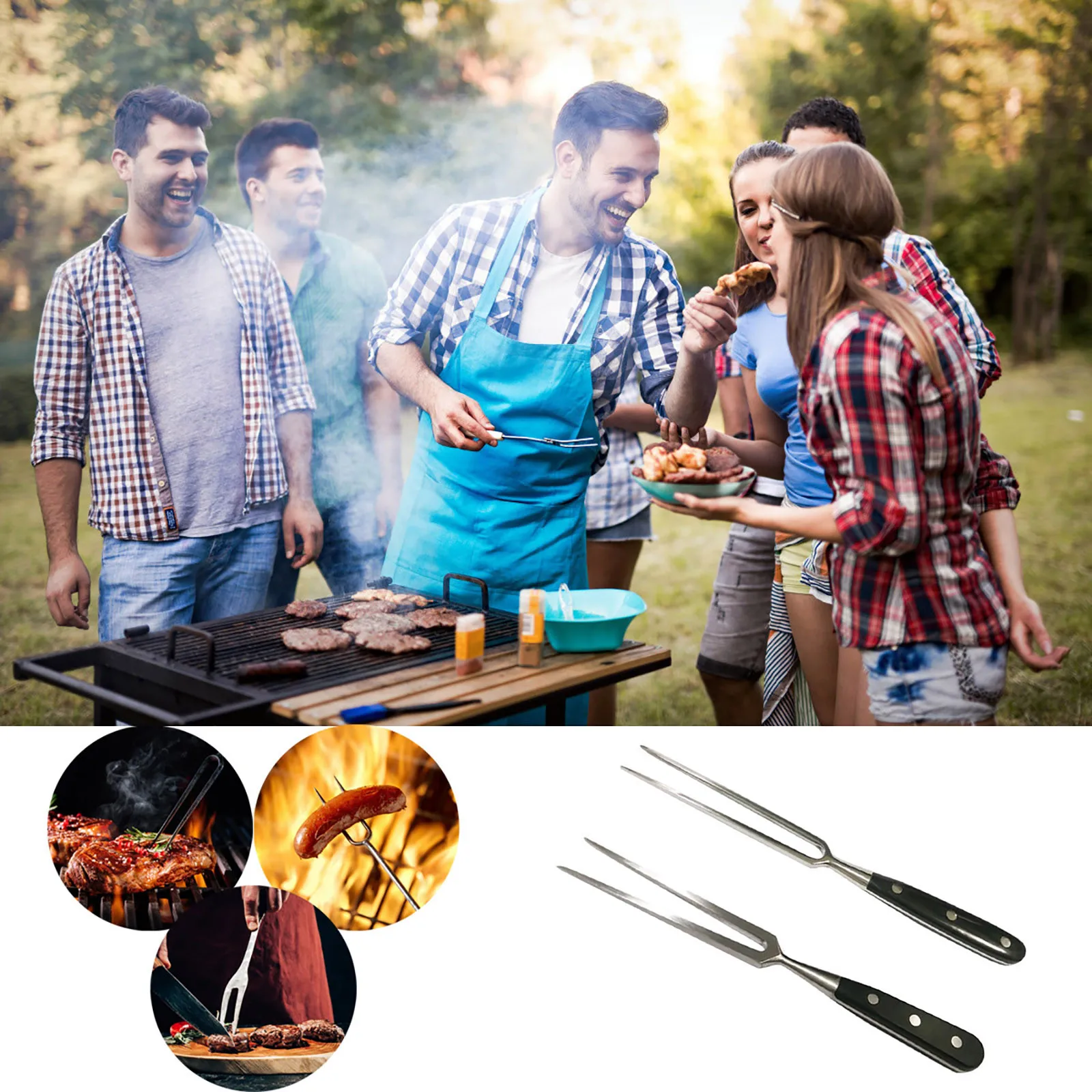 

1Pcs Stainless Steel Barbecue Skewers Roasting Stick 2-Prong Meat Grilling Fork BBQ Tools With Wood Handle For Camping Picnic #Z