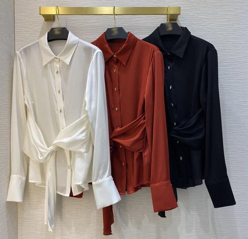 

high quality 100% silk 2021 spring new womens shirts belt turn collar single breasted long sleeve OL solid blouses Y424