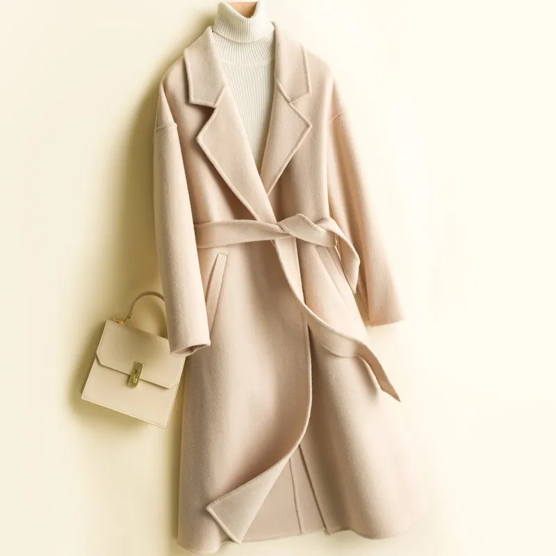 

spring 2020 New 100% beige Wool wool coat women medium long slim double faced woolen coat women's woolen coat belt cashmere