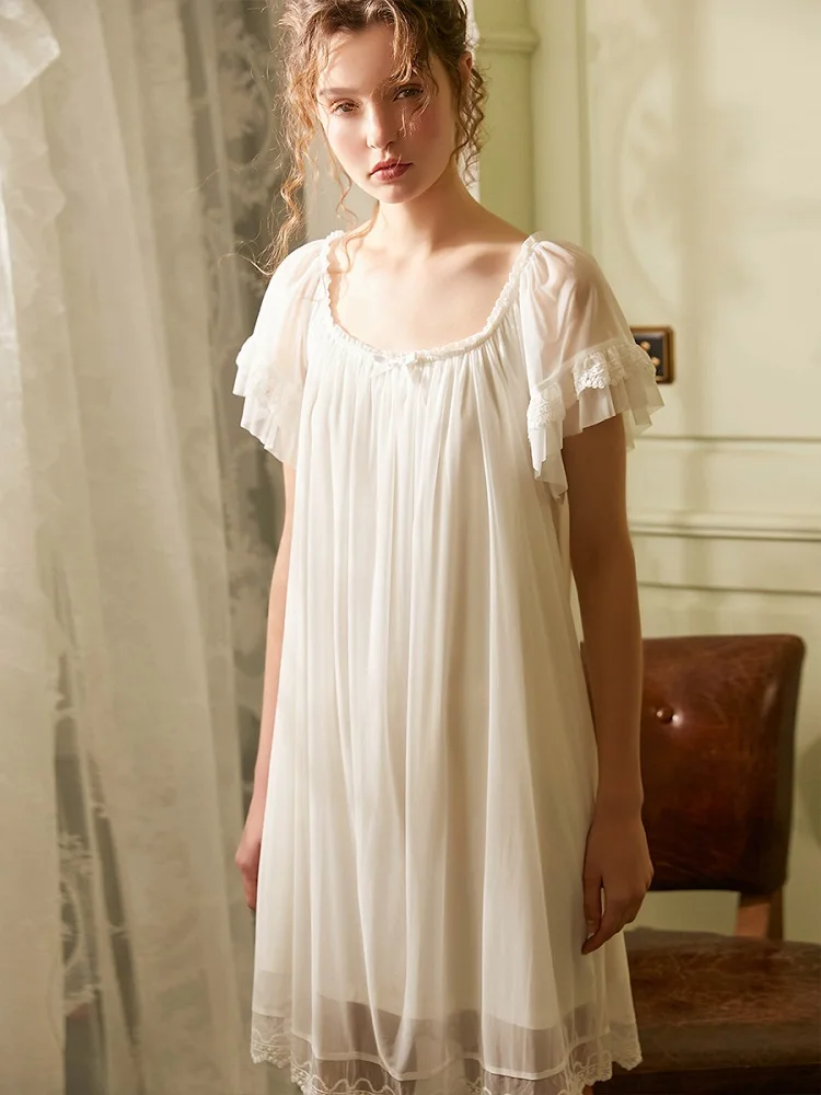 Летняя винтажная Женская длинная одежда для сна с коротким рукавом милые газовые