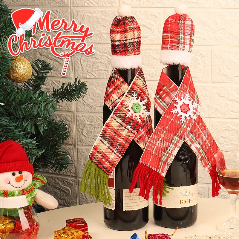 

2021 New Creative Plaid Christmas Hat Wine Bottle Cap Scarf Wine Bottle Cap Christmas Party Decorations Bar Party Decorations