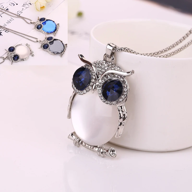Fashion Cute Blue White Owl Crystal Pendant Necklace Rhinestone Sweater Chain Long Party Jewelry for Women Wholesale | Украшения и