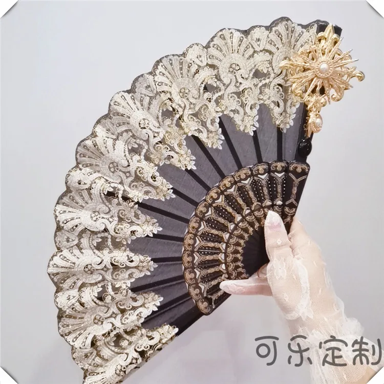 

European style Vintage Lolita Gothic Style Handmade Gold Stamping Lace Sun Cross Black Hand-Held Fans Comic-con Props