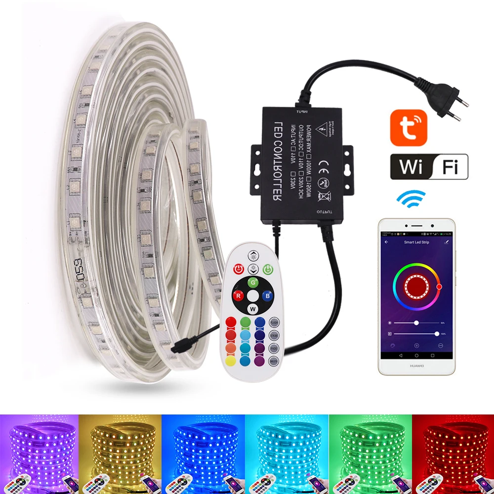 

RGB LED Strip Light 110V 220V Waterproof SMD5050 60Leds/m + WIFI 1500W RGB Controller 24 Key Flexible Led Tape Smart Led Stripe