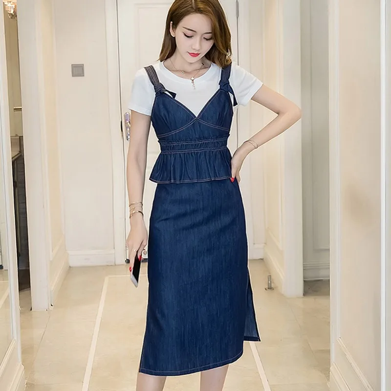 Summer Women Ruffles Waist Knee Length Jeans Dress Casual Short Sleeve Female Tops Two Piece Set Slim Fit Office Work Suit | Женская