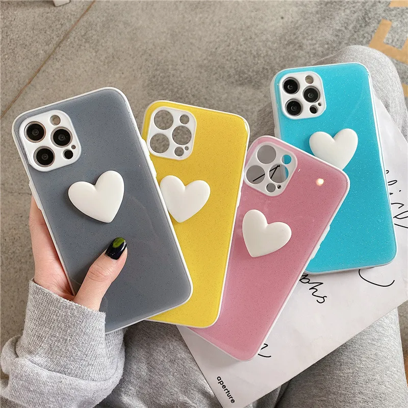 

Великолепный мерцающий белый чехол для телефона с сердцем для iPhone 12 Pro Max 11 Pro 8 Plus 7 XR XS Max SE простой Блестящий противоударный мягкий чехол