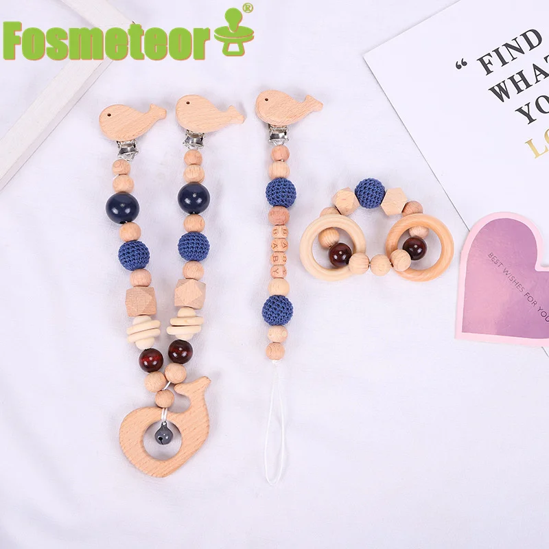 

Fosmeteor 1set Baby Wooden Teether Pacifier Clip Chain Beech Rodent Ring Baby Nursing Rattle Food Grade Silicone Bead Toy Gift