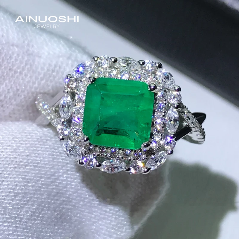 

AINUOSHI 925 Sterling Silver Emerald Cut Lad Created Emerald Engagement Rings Gift For Women Twist Shank Halo Rings