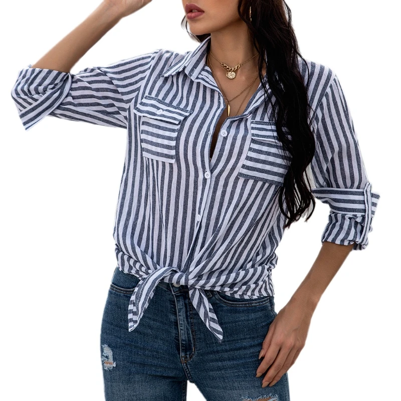 

Женская шифоновая блузка в полоску, винтажная Свободная рубашка с длинными рукавами-фонариками, V-образным вырезом и оборками, Повседневная...