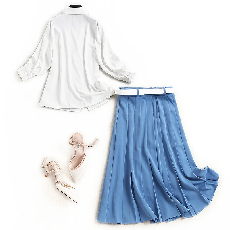 

2021 New Spring Designers Runway Two Piece Outfits Women Elegant White Blouse and Skirt Suit Set Office Lady Twinset