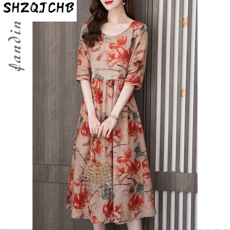 

Женское шелковое платье с принтом SHZQ, платье средней длины из шелка тутового шелкопряда с короткими рукавами, лето 2021