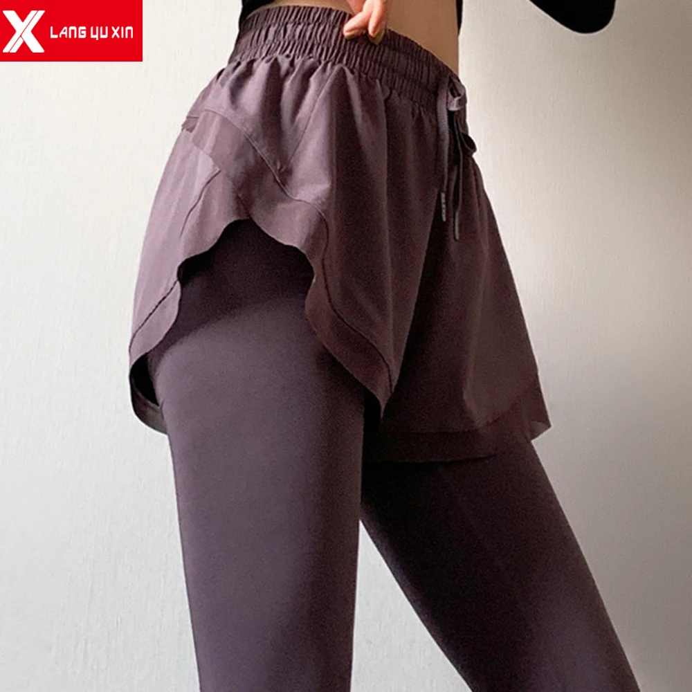 Поддельные из двух частей Женские Эластичные Обтягивающие шорты для фитнеса с высокой талией быстросохнущие спортивные штаны для йоги тон...