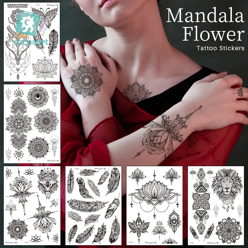 

Rocooart Mandala Flower Henna India Tatoo Stickers Women Girl Big Arm Fake Tattoo Temporary Custom Black Feathers Tattoos Girls