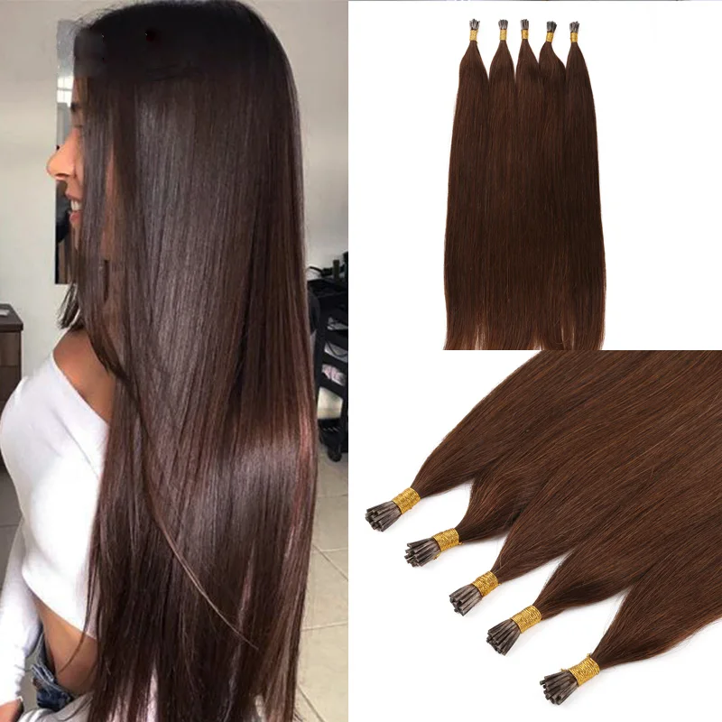 Brown Color I Tip Human Hair Extensions Keratin Prebonded Nail Tip Long Silky Straight Hair Glue For Black Women