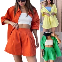 3pcs women solid color clothing suit set casual y2k outfits summer solid color turn down collar long sleeve shirt short pants