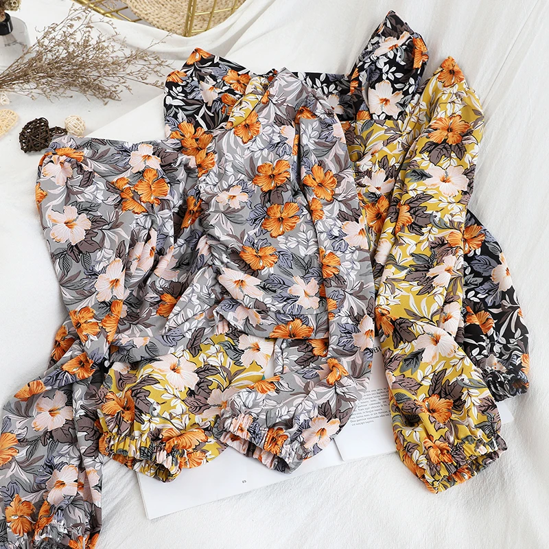 

Женская шифоновая блузка, повседневная короткая плиссированная блузка с принтом, с пышными рукавами, для весны, Повседневная рубашка