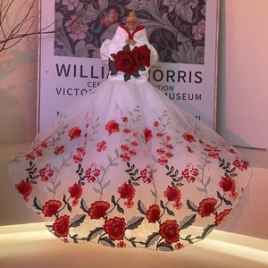 Handmade Dog Clothes Pet Item Wedding Dress Ball Gown Floor Length Trailing Peony Embroidery Party Holiday Festivity Celebration