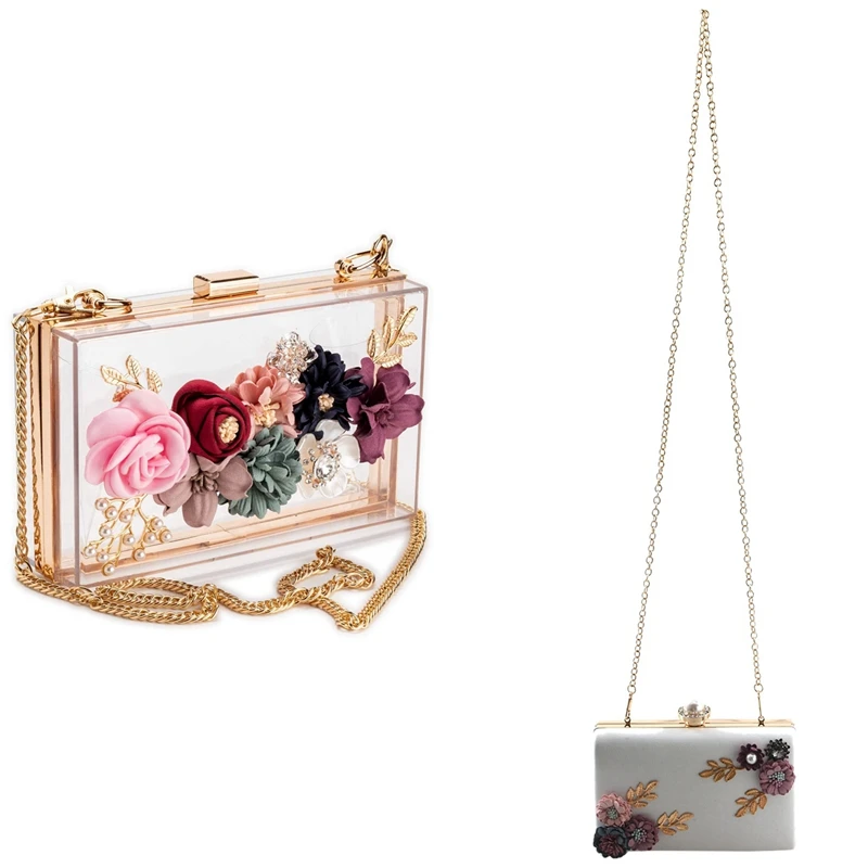 

Women Leather Evening Bag Flower Clutch Purse(White) & Women PVC+ Fabric Flower Clutches Crossbody Floral Purse