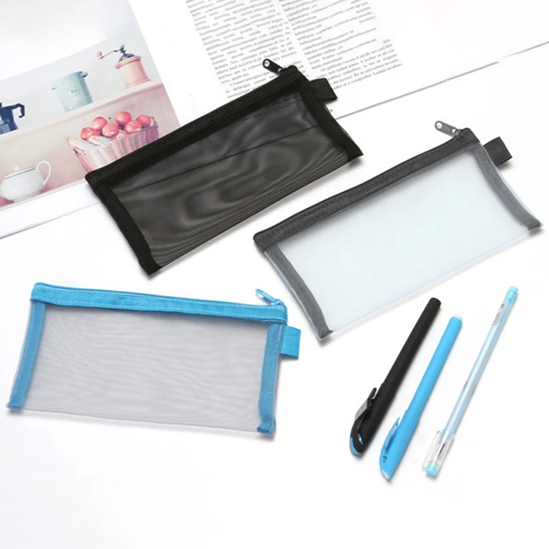 

Simple transparent mesh zipper exam pencil case large capacity student stationery pencil case
