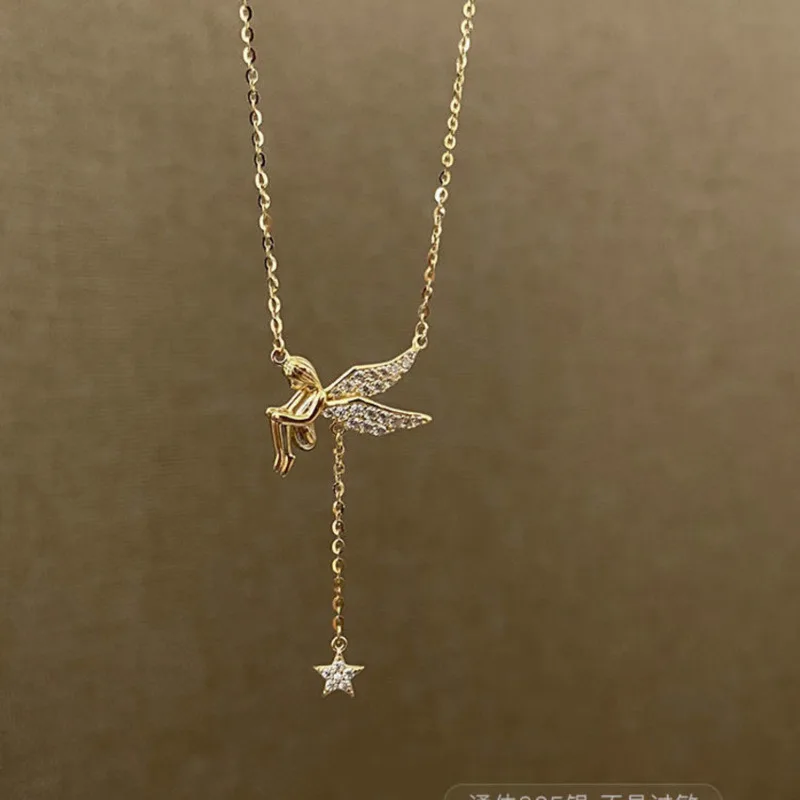 

925 Sterling Silver Angel Star Tassel Necklace female Clavicle Chain Light Luxury Jewelry collar de perlas mujer