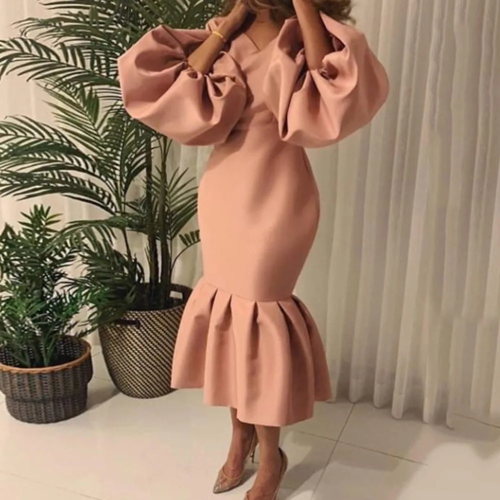 

2021 Pink Evening Party Long Dress African Women Elegant Formal Puff Sleeve Bodycon Ruffle Mermaid Midi Dresses Black Yellow