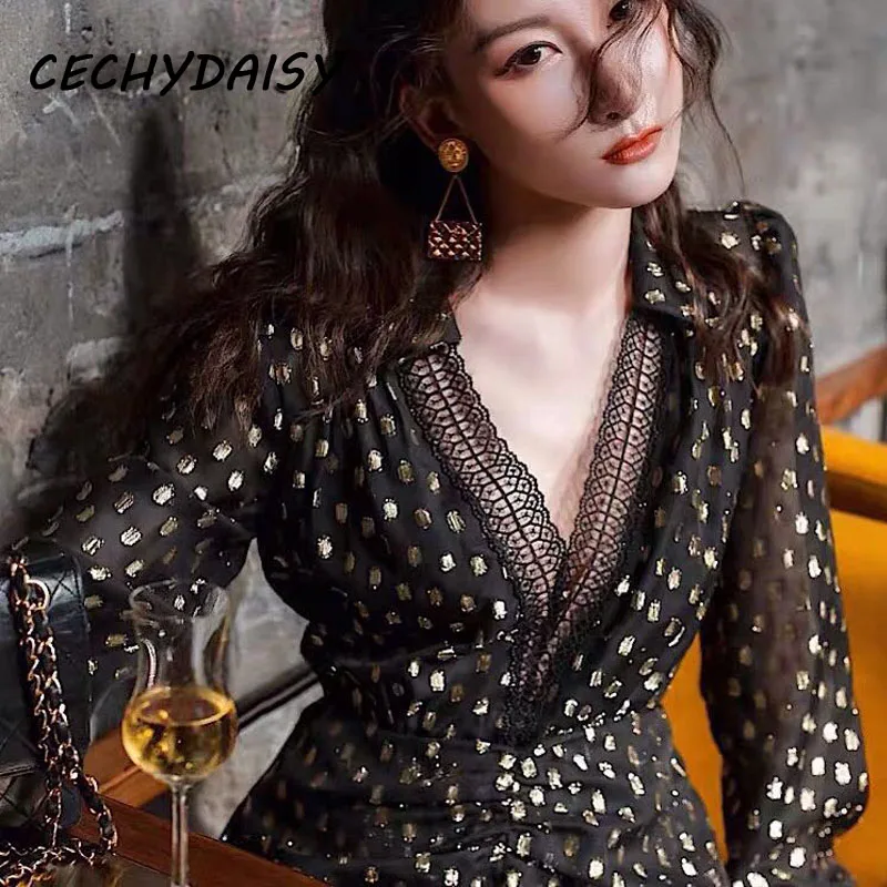 

Women Sexy Mini Dress V-Neck High Street Elegant Vintage Long Sleeve Polka Dot Ladies A-line Party Night Dresses Vestido Clothes