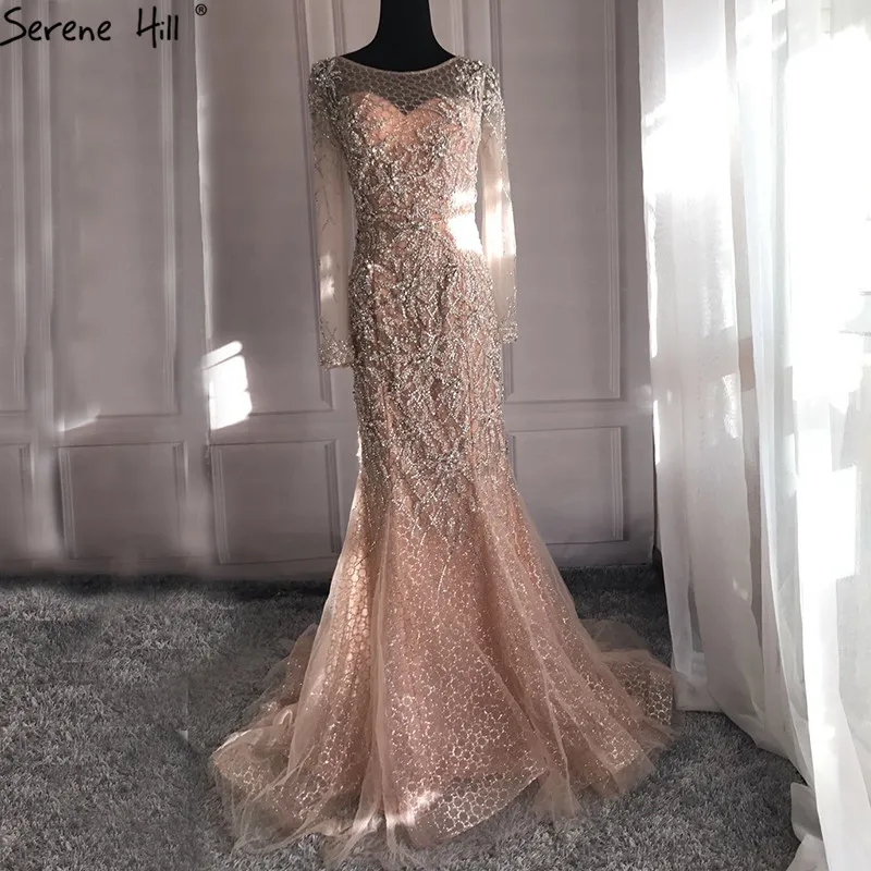 Роскошные персиковые блестящие вечерние платья Русалка жемчуг бисер