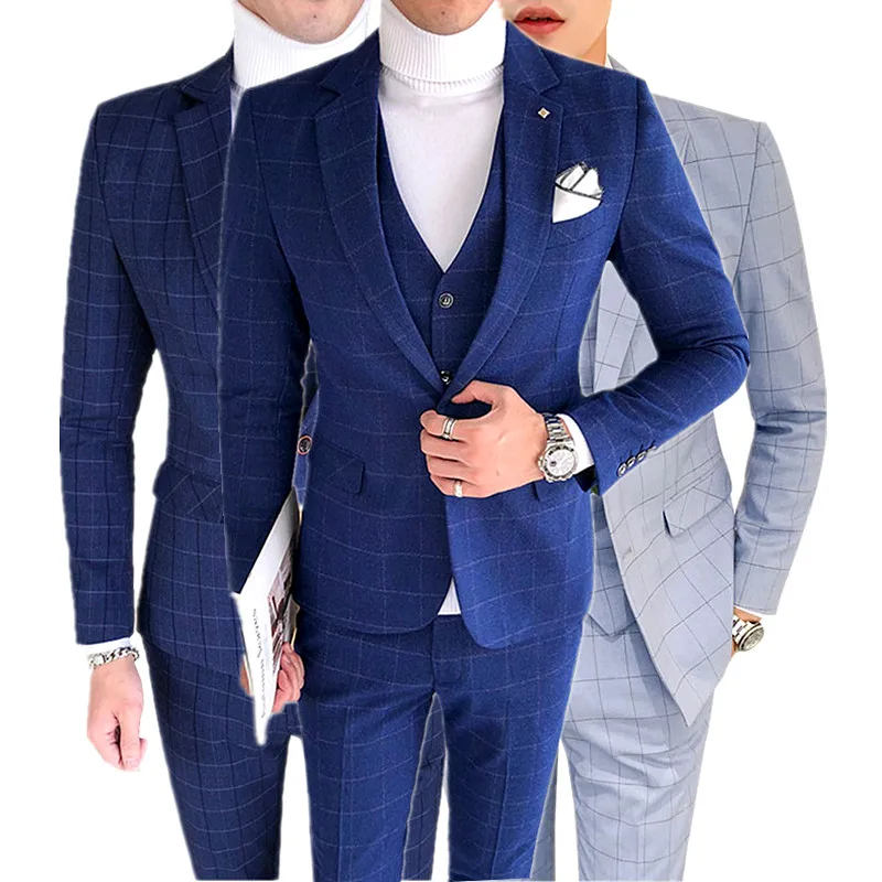 

Large Size Mens Plaid 3 Piece Set( Blazer+Pants+Vest) 2020 Autumn Mens Suits Wedding Banquet Dress Suit
