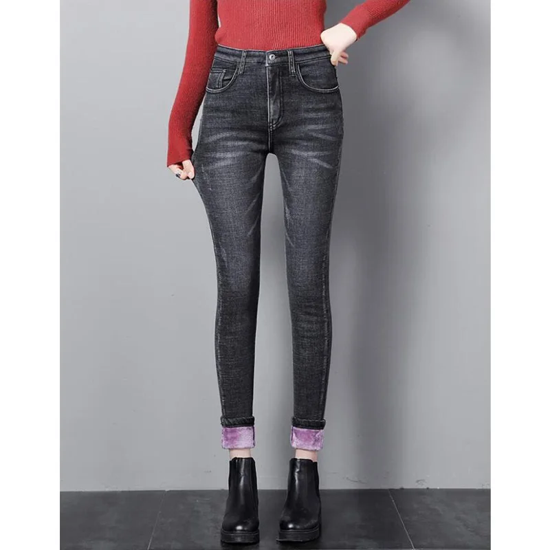 Женские джинсы с флисовой подкладкой облегающие зимние брюки карандаш высокой