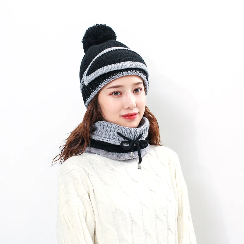

Brand Winter autumn Knitted Hat for women Warm Mask Collar Triple Suit Skin Care Skullies Beanie Protection For Women Wool Cap