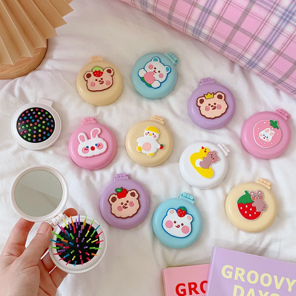 

Beauty Cute Cartoon Small Red Flower Air Cushion Comb Mirror Rabbit Avocado Pattern Mini Portable Airbag Foldable Mirror 2021