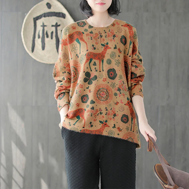 Женский пуловер с принтом оленя женские свитера осень 2019 новинка круглый вырез