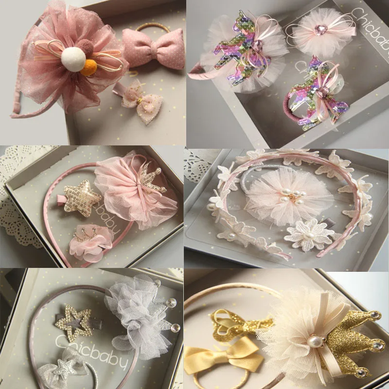 

Бутик для девочек аксессуары для волос подарочный набор, повязка на голову с бантики для принцессы, Детские Цветочные заколки резинки, элас...
