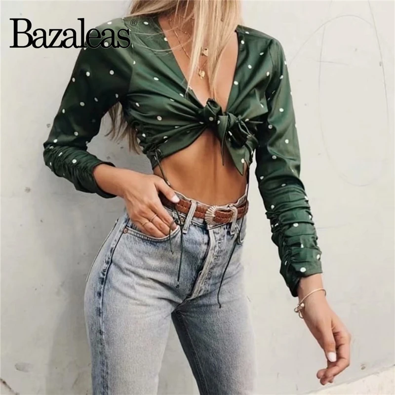 Женский укороченный топ в горошек Bazaleas модная как шелк бандажная укороченная