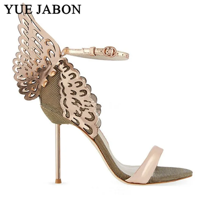 

High-end Women Pinnk Butterfly Sandals Metal Stiletto Heel Metallic Cut-outs Pumps Leather Ankle Buckle Stiletto Summer Sandals
