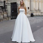 Белый матовый атласный лиф без бретелек с кристаллами, ТРАПЕЦИЕВИДНОЕ свадебное платье с карманами, свадебное платье