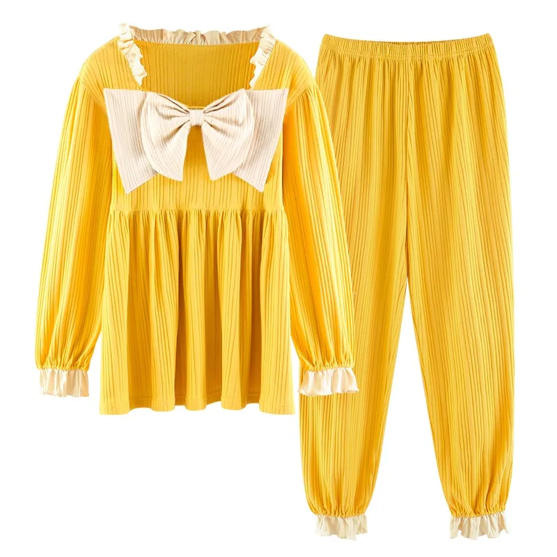 

Women Set Long Sleeve Pajamas Set Bow Leisure Wear Women Sleepwear Suit 2Pcs Nightwear for Women Pijama Mujer Long Clothes