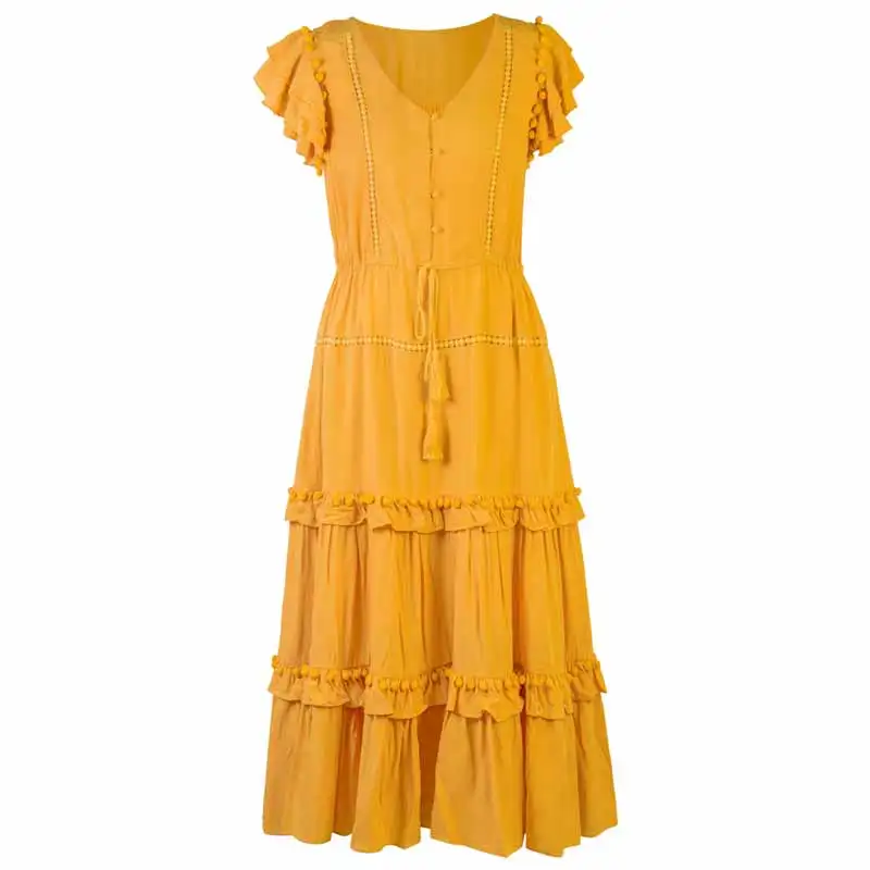 Женское платье в стиле бохо повседневное хлопковое желтое с рукавами-крылышками
