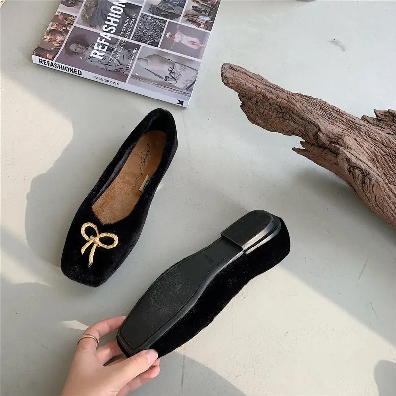

Winter Fur Ballet Flats Women Metal Decoration Slip on Loafers FSquare Toe Shoes Casual Flat Furry Slides Zapatos De Mujer