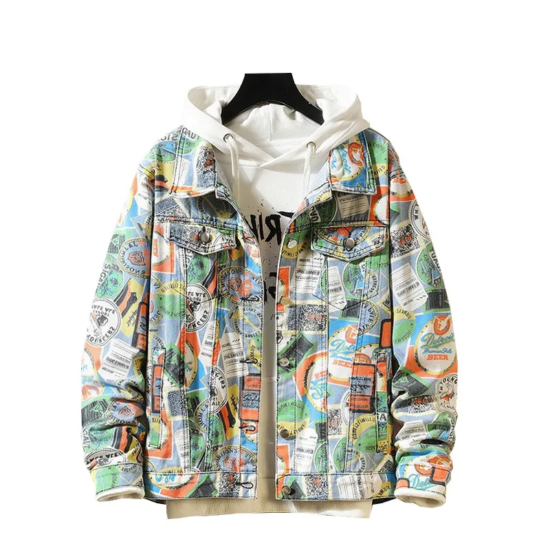 

Camouflage Graffiti Denim Jacket Men's Comic Print Loose Jacket Streetwear Men's Casual Hip-hop Loose High Quality Denim Jacket